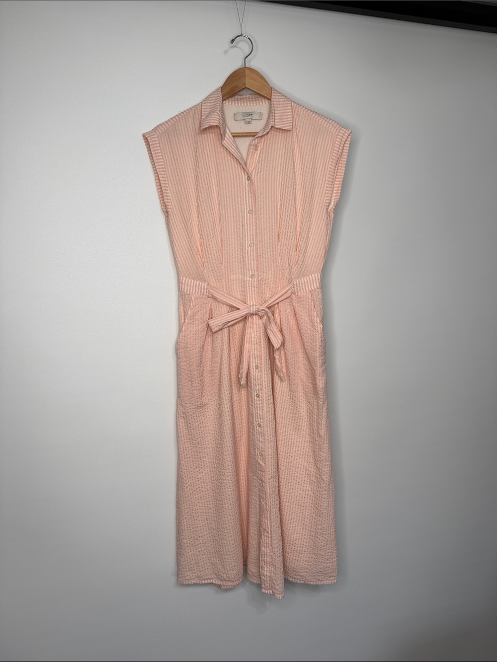 Loft Seersucker Button Front Midi Shirt Dress Size 2